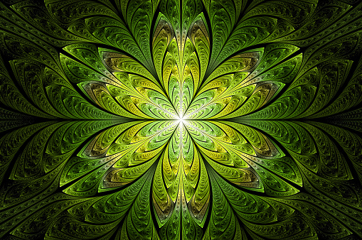 Computer generated abstract illustration Beautiful green petal lotus flower, Kaleidoscope design background, Abstract Concept floral Unique Mandala Kaleidoscopic creative inimitable graphic design