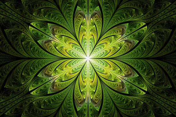Photo of Computer generated abstract illustration Beautiful green petal lotus flower, Kaleidoscope design background, Abstract Concept floral Unique Mandala Kaleidoscopic creative inimitable graphic design