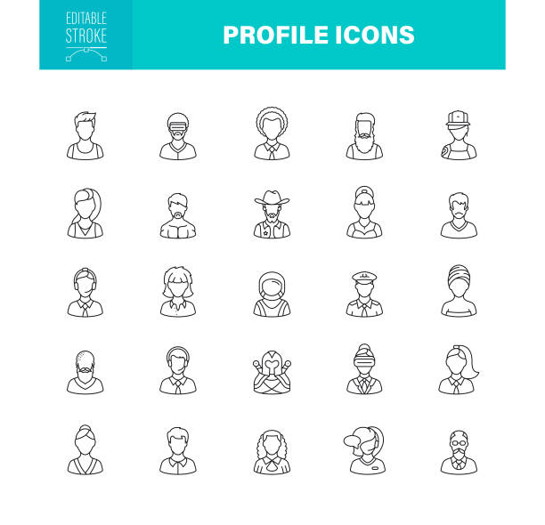 illustrations, cliparts, dessins animés et icônes de contour modifiable des icônes de profil. contient des icônes telles que utilisateur, médias sociaux, membre, communication, avatar - black line
