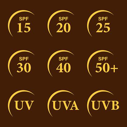 A set of simple flat SPF sun protection badges for sunscreen packaging. Protection of the skin from ultraviolet radiation. Badges for sunscreens or other skin cosmetics.