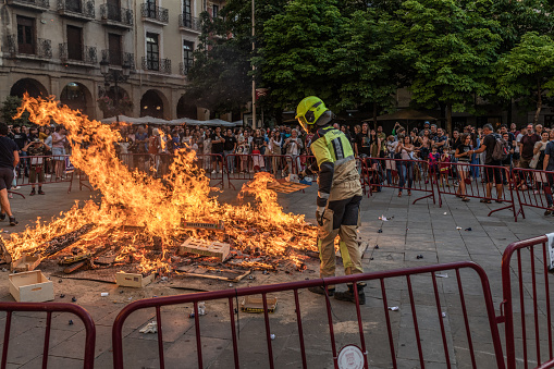Night of San Juan, Logroño, La Rioja, Spain, June 23, 2022.  Celebration of the bonfires in the Market Square of Logroño, after the Covid pandemic.
