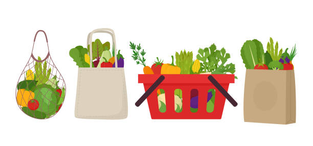 illustrations, cliparts, dessins animés et icônes de sac en filet, panier et sac à provisions réutilisable écologique avec des légumes frais. - green bag paper bag isolated