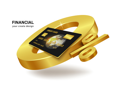 Black credit card with gold borders on 0% 3D text and all floating in midair for advertising media, promotions 0% interest and fee reduction,vector3d isolated on white background for financial concept