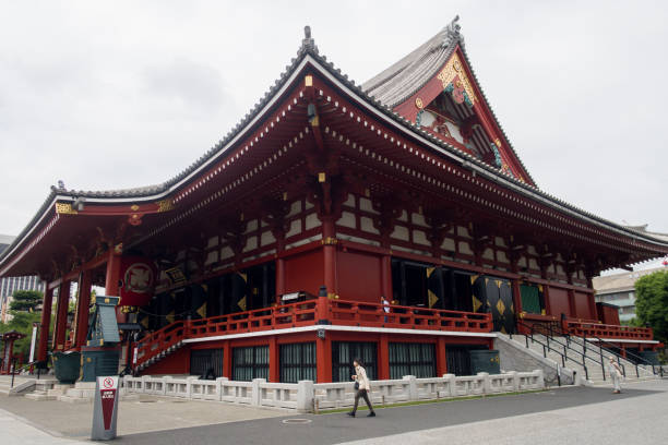 red asakusa shrine in tokyo with a woman walking in front of it