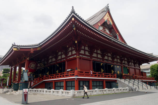 asakusa temple red asakusa shrine in tokyo with a woman walking in front of it sensoji stock pictures, royalty-free photos & images