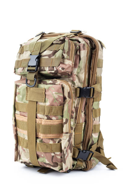 istock Military backpack of khaki color on a white background. 1405177801