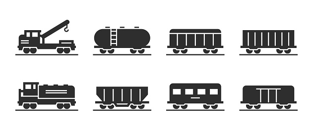 wagon and locomotive icons. train, repair train and railway freight cars. isolated vector images