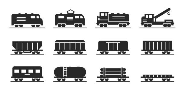 ilustrações, clipart, desenhos animados e ícones de coleção de ícones locomotivos e vagões. vagões de trem e trem. imagens vetoriais isoladas - freight train