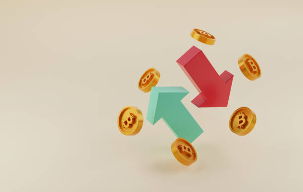 istock Graph green arrow pointing up and red arrow pointing down bitcoin coins floating around. 1405184448