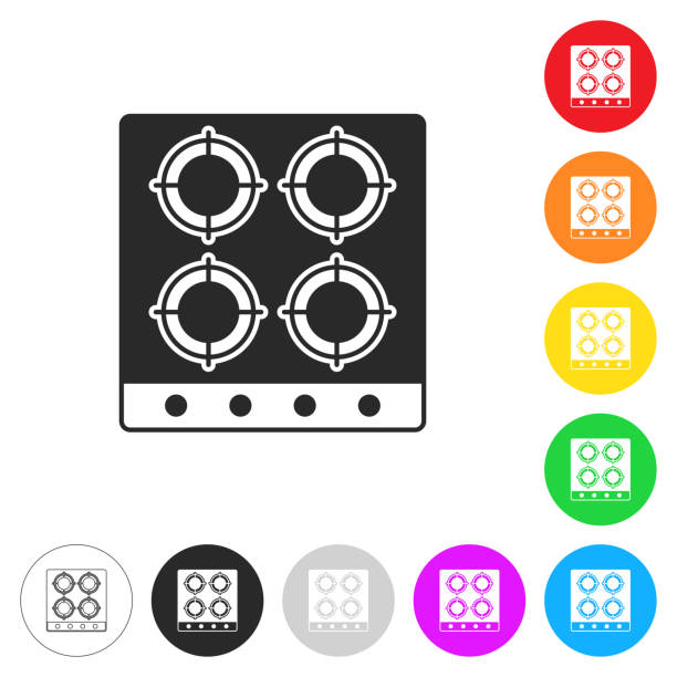 Gas stove - top view. Icon on colorful buttons Icon of "Gas stove - top view" isolated on white background. Includes 9 colorful buttons with a flat design style for your design (colors used: red, orange, yellow, green, blue, purple, gray, black, white, line art). Each icon is separated on its own layer. Vector Illustration with editable strokes or outlines (EPS file, well layered and grouped). Easy to edit, manipulate, resize or colorize. Vector and Jpeg file of different sizes. burner stove top stock illustrations