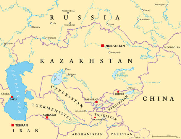 zentralasien, subregion asiens, politische landkarte mit hauptstädten - kasachstan stock-grafiken, -clipart, -cartoons und -symbole