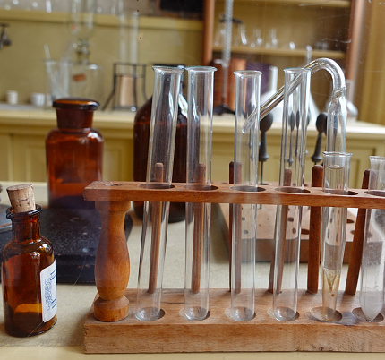 Flasks and test tubes in an old cool pharmacy.