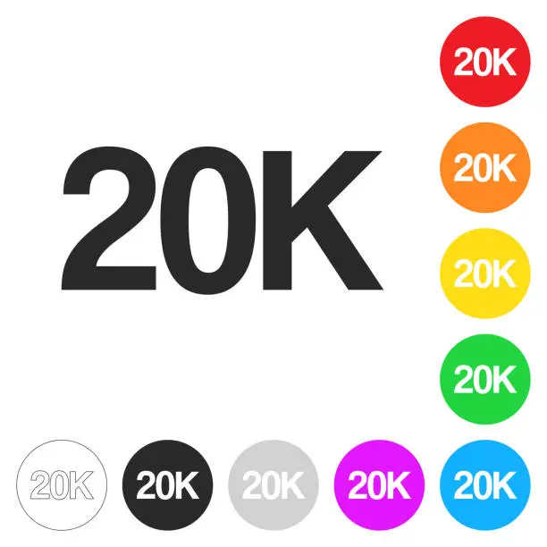 Vector illustration of 20K, 20000 - Twenty thousand. Icon on colorful buttons