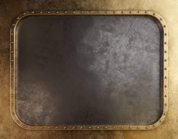 Steampunk metal background with brass borders. 3d illustration stock photo