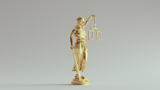 Gold Lady Justice Statue with Scales the Personification of the Traditional Judicial System 3d illustration render