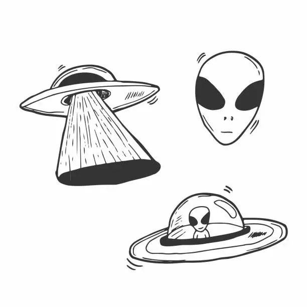 Vector illustration of Set of UFOs. Drawing sketch. Vector illustration. Space concept