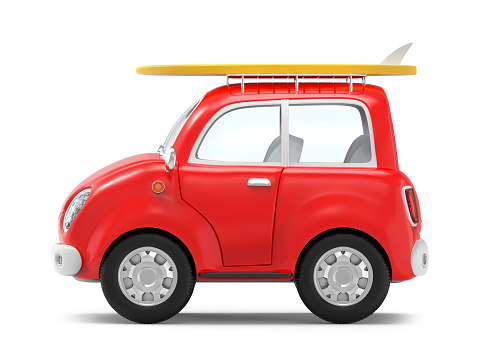 Small cute trip car with surfboard on roof rack, side view isolated on white. 3d illustration