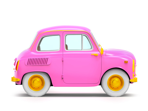 Small and cute cartoon bunchy retro car, side view, isolated on white background. 3d illustration