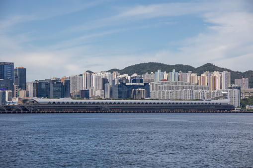 Hong Kong - June 26, 2022 : General view of the Kai Tak Cruise Terminal in Hong Kong. It is a cruise ship terminal on the former Kai Tak Airport runway.