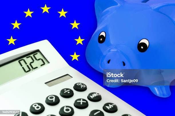 Blue Piggy Bank And Calculator 025 With Eu Flag Stock Photo - Download Image Now - 2022, Allowance, Assistance