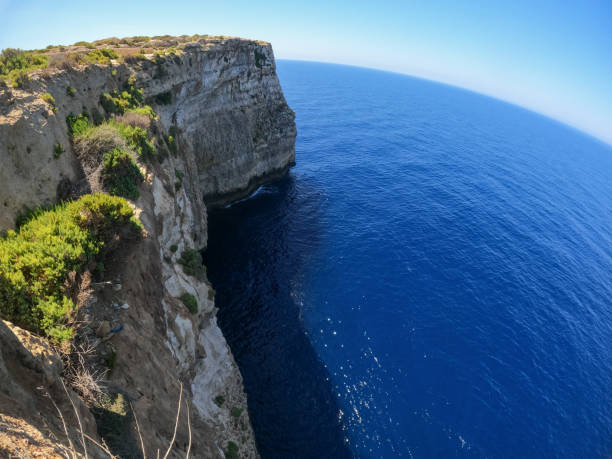 The Island of Gozo - Malta from above. Aerial view of the cliffs and calm blue Mediterranean sea on sunny summer day