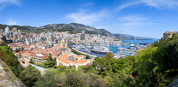 Very wide panorama from top view of Monaco with tribunes for championship of race open-wheel single-seater racing car