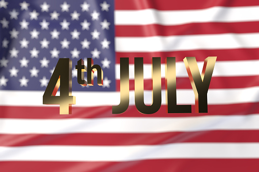Independance day concept. eD rendered, gold color 4th July text in front of defocus American Flag.