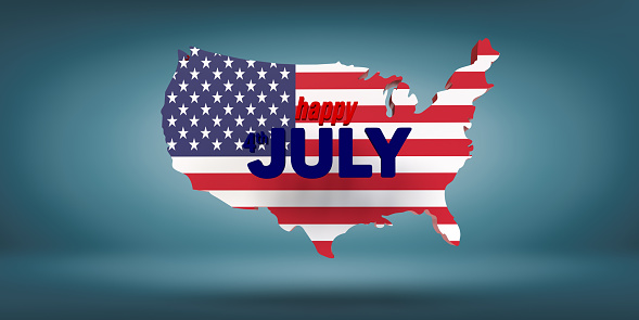 Independance day concept. 3D rendered 4th July text on flag pattern United States map.