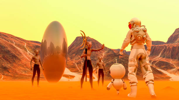 istock Astronaut and small robot facing a strange egg-shaped object and aliens at the spacewalk on a desert planet 1405198044
