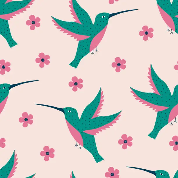 Vector illustration of Hummingbirds and flowers hand drawn vector illustration. Adorable tropical bird and blossom garden seamless pattern for fabric or wallpaper.