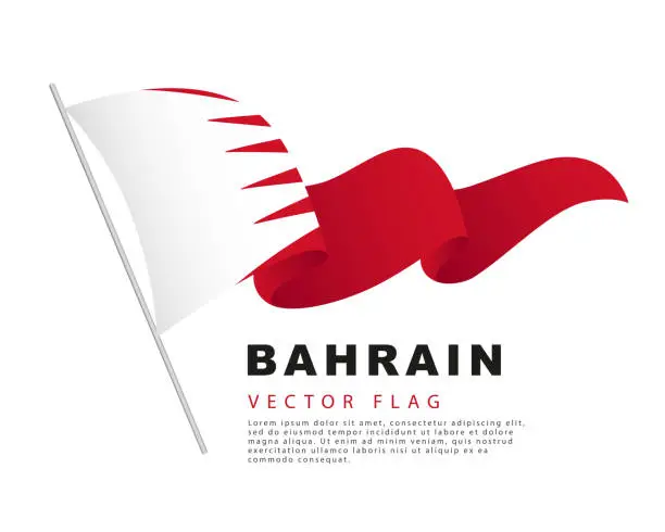Vector illustration of The flag of Bahrain hangs on a flagpole and flutters in the wind. Vector illustration on a white background.