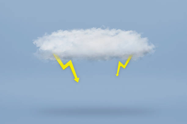 istock White cloud with two yellow lightning bolts isolated on a blue background. Air lush 3d cloud casts a shadow on a blue background. For project or banner 1405202270