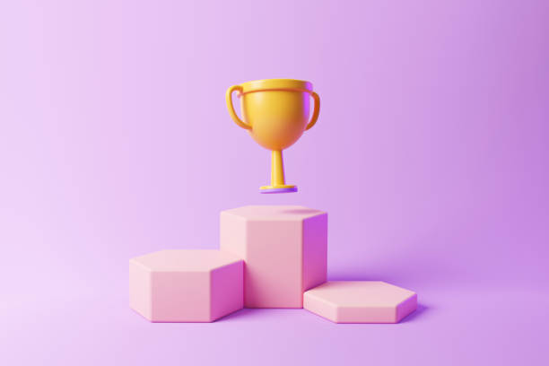 istock Winners podium with cups, gold winners. First and second and third places winning prizes on ceremony pedestal. 3d illustration 1405202641