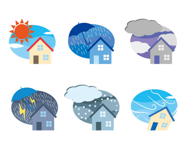 ilustraciones, imágenes clip art, dibujos animados e iconos de stock de tiempo y casa unifamiliar 2 - weather cloud window rain