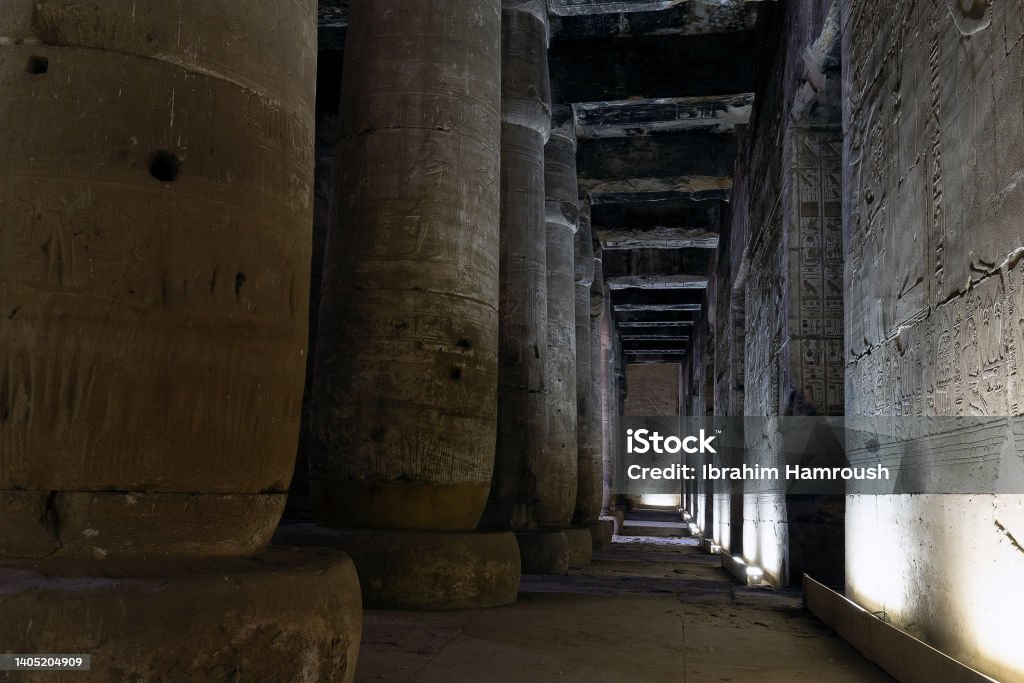 side view of  second hypostyle hall in The Mortuary Temple of Seti I in Abydos. Pharaoh Stock Photo