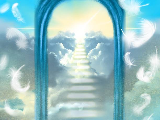 istock Mysterious illustration of a cloud staircase leading to the heavens, divine light shining from the heavens, and white angel wings dancing 1405204951