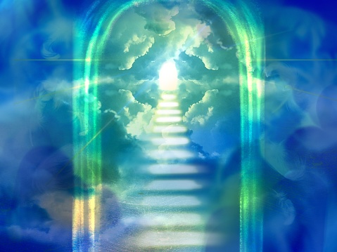 Mysterious cloud staircase leading to heaven and divine light shining from the heavens