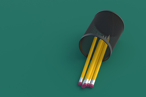 Pencil holder on green background. Grid pot. Stationery accessories. Copy space. 3d render