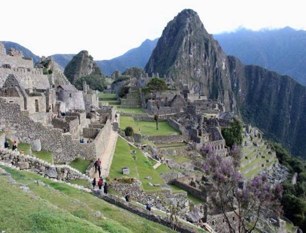 Archaeological remains of Machu Pichu, and Huayna Picchu mountain. stock photo