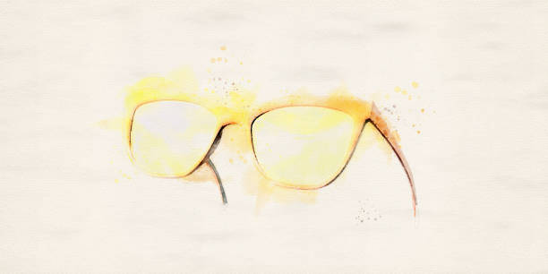 Sunglasses on yellow background. Summer concept. Copy space. Digital watercolor.