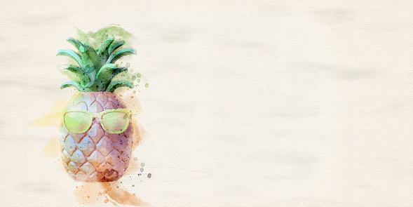 Summer concept with pineapple with sunglasses. Copy space. Digital watercolor.