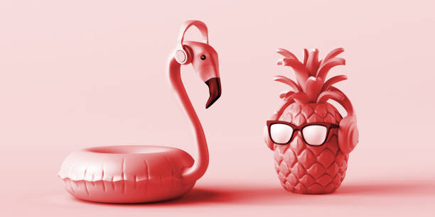 istock Pineapple with sunglasses and flamingo float with headphones. Copy space. 3D illustration. 1405208475
