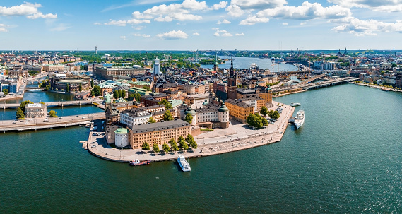 Aerial panoramic view of the old Town, Gamla Stan, in Stockholm. Beautiful Sweden during summer time.