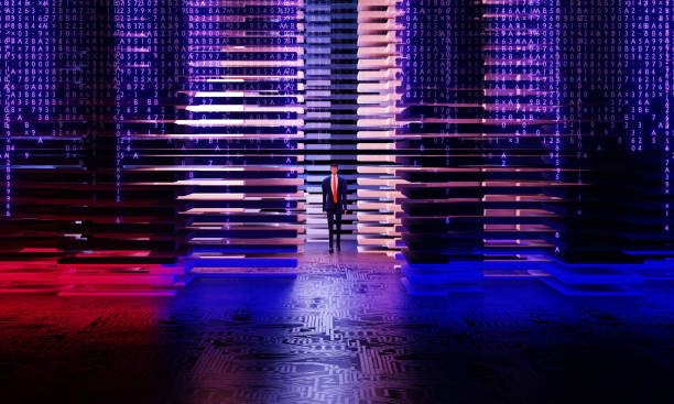 istock 3D rendering illustration.  Businessman  walking in modern server room with neon lights. Technology, Big data, success, internet, data protection and personal security concept 1405210359