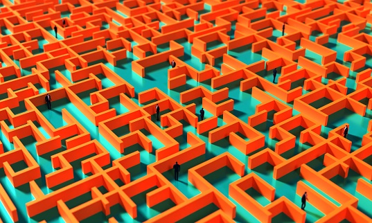 3D rendering illustration. Lots of business people stuck in labyrinth. Finding solution, thinking out of box, risk, progress, support and success concept