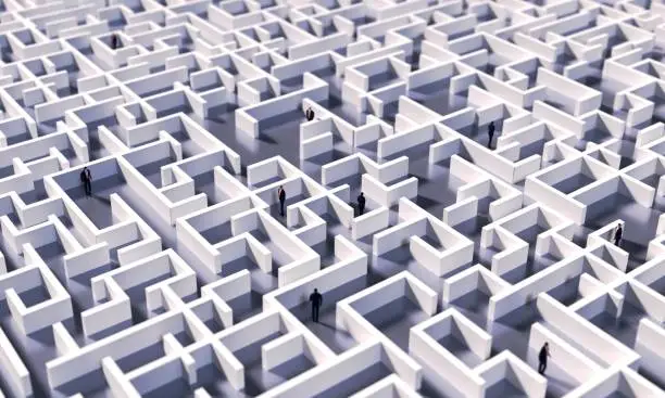 Photo of 3D rendering illustration. Lots of business people stuck in labyrinth. Finding solution, thinking out of box, risk, progress, support and success concept