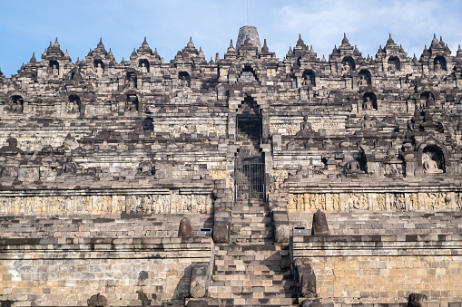 Magelang, Central Java, Indonesia - June 15 2022: Borobudur is world's biggest Buddhist temple that recognized as world cultural heritage by UNESCO.