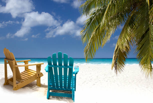 istock Two wooden beach chairs under palm branch on Caribbean coast 1405211298