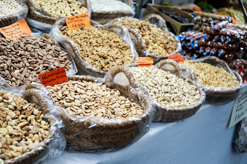 The famous oriental market. Dried nuts and spices in Istambul, Turkey