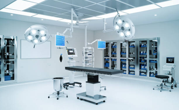 leerer operationssaal mit medizinischen geräten, 3d-rendering - operationssaal stock-fotos und bilder